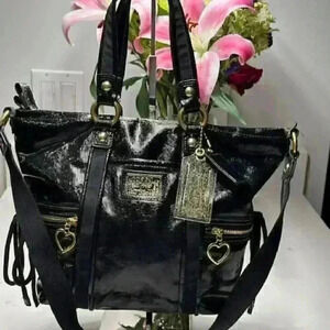 COACH F20047 Daisy Black Liquid Gloss Patent Tote Shoulder Bag